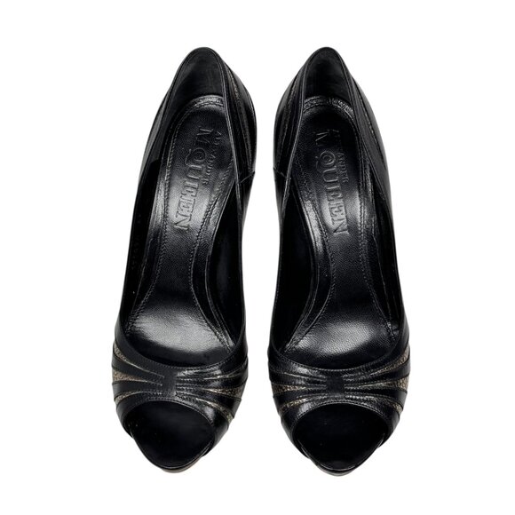 ALEXANDER McQUEEN Peep Toe Platform Heels Sz 9 Black Leather Pumps Glam Luxury - Picture 15 of 15